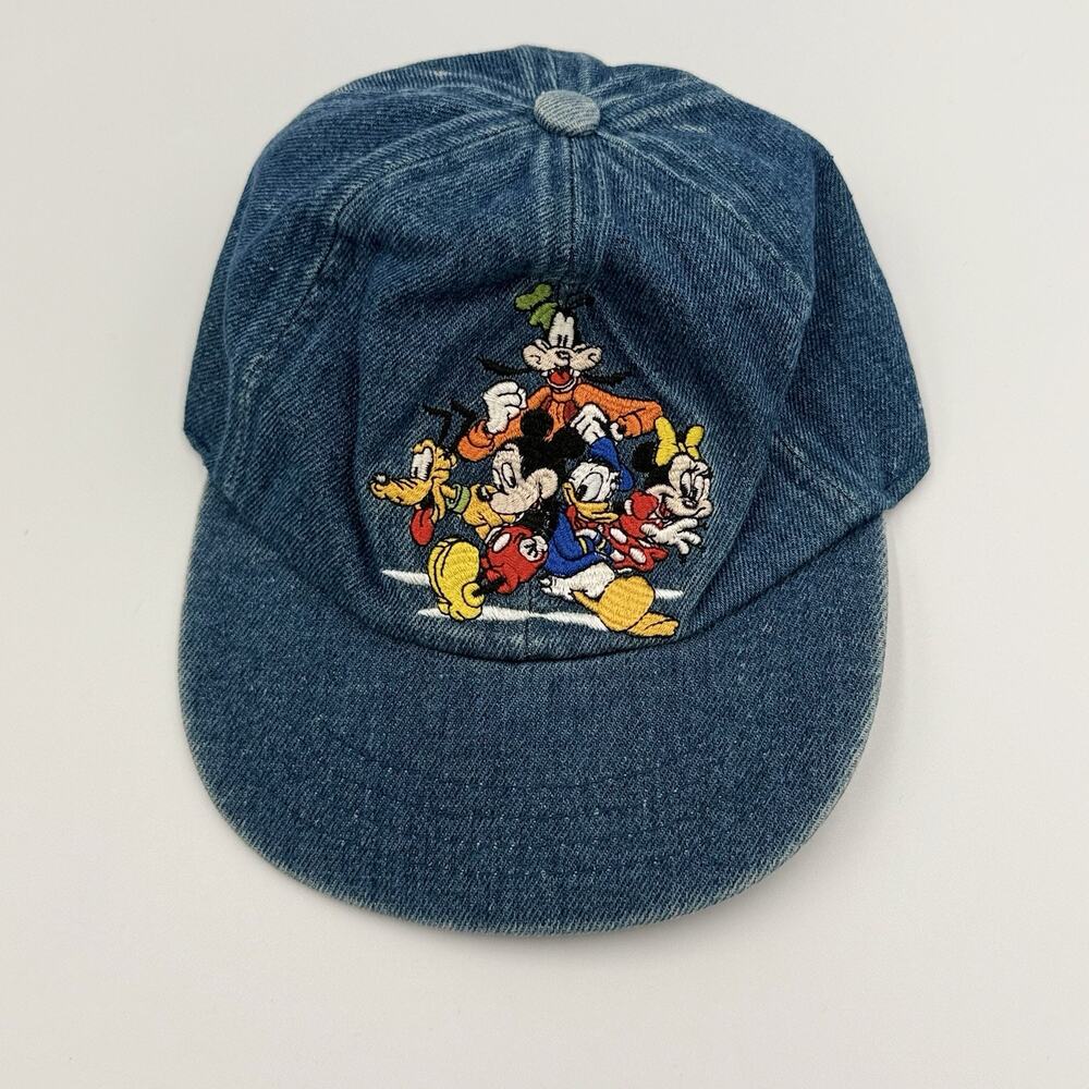 Vintage 90s Disney Store Baby Denim Hat 6-12M Mickey Minnie Donald Goofy Pluto